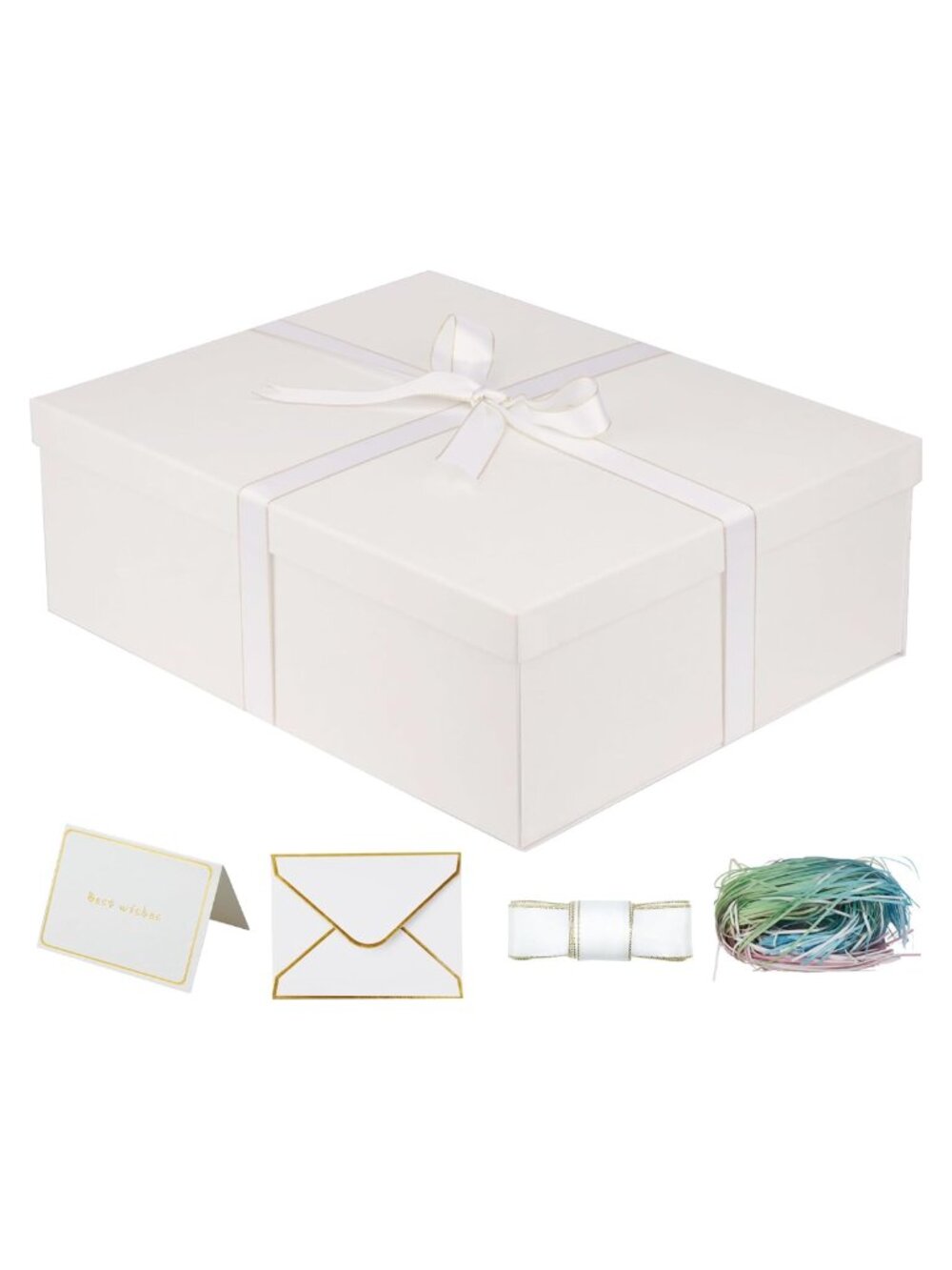Large White Gift Box with Lid Card Envelopes Shredded Paper Ribbon